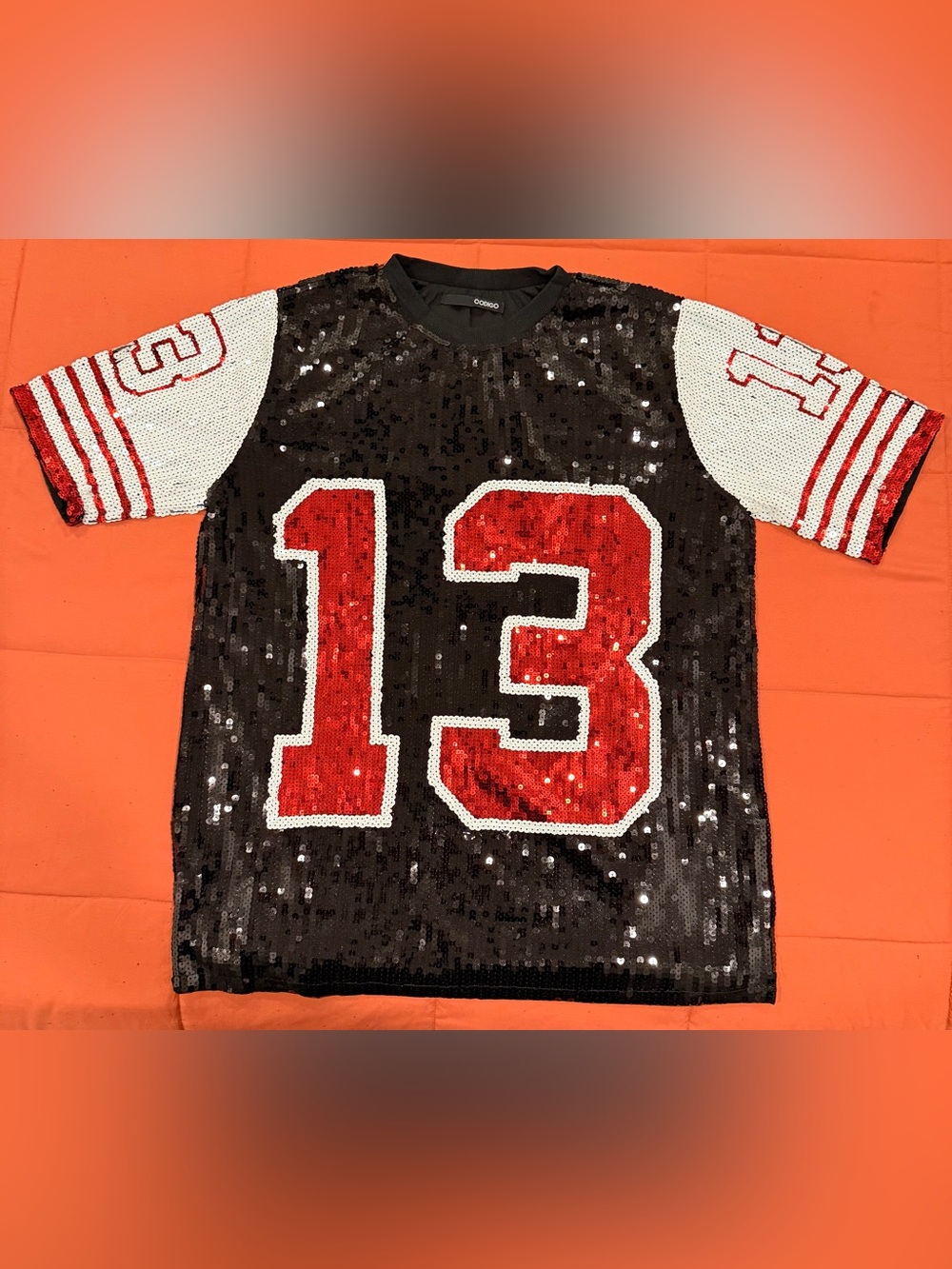 Sequin Number 13 Short-Sleeve Jersey Top - Black & Red
